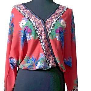 women's‎ floral tropical wrap blouse kimono sleeves colorful elastic crop waist